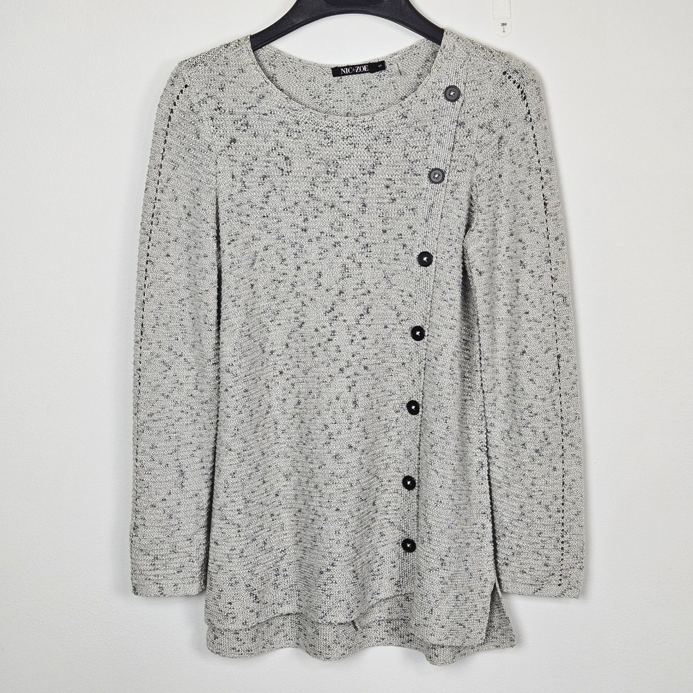 NIC+ZOE Womens Knit Sweater Sz Small Gray Marled Asymmetrical Button Shape Up
